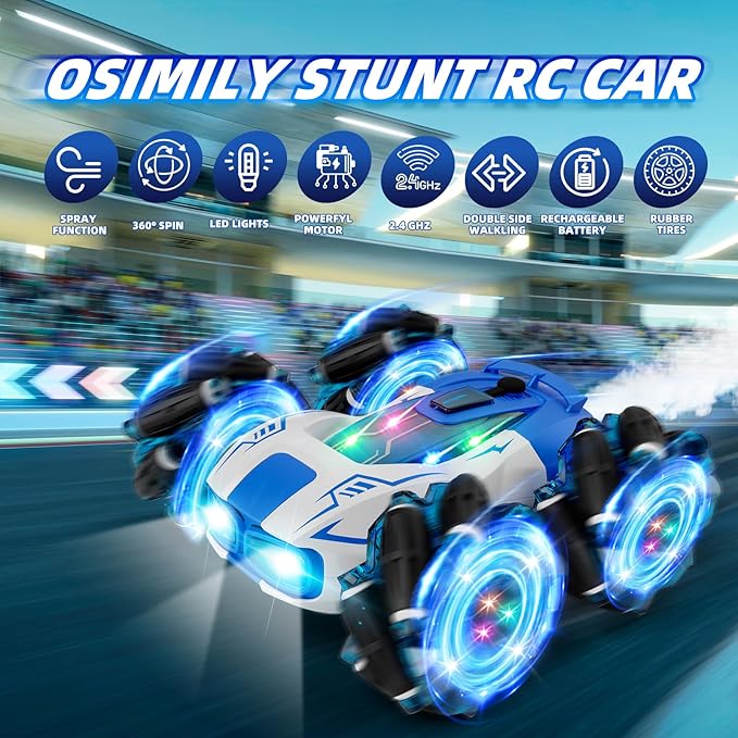Remote Control Car Drift Stunt Car, 4WD 2.4 GHz Double-Sided 360° Rotating RC Stunt Crawler with LED Lights, Music, and Spray, RC Stunt Cars Toys for Ages4-6 5-7 8-13 Ideal Gift for Boys & Girls