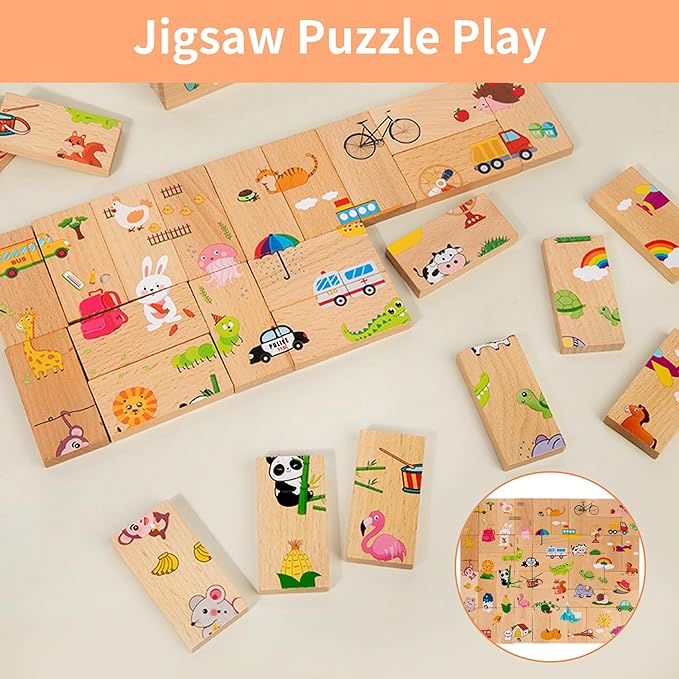 Wood Scrabble Tiles, Dominoes Set Tile Board Game in Aluminum Carry Case Games with Colorful Trains for Family Game Night, for Adults & Kids Ages 8+