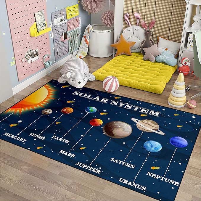 Galaxy Area Rugs Universe Solar System Planet Theme Small Carpets Space Rugs for Kids Bedroom Educational Learning Rug for Living Room Bedroom Indoor Crystal Polyester Floor Sofa Mats, 2'5''×4'