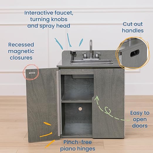 ECR4Kids Play Kitchen Sink, Wooden Playset, Grey Wash