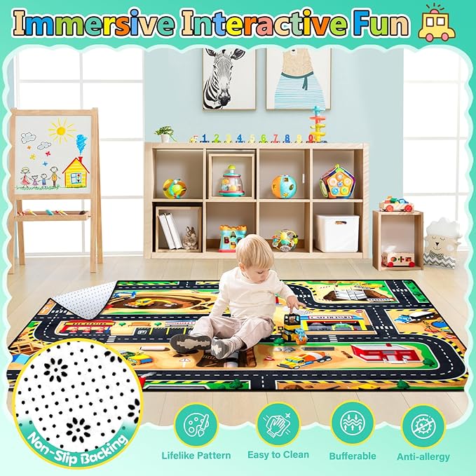 Kids Rug Construction Site Play Rug,5x7 Ft Area Rug, Tufted Wool & Rubber, Non-Slip, Stain & Fade Resistant, Machine Washable, Rustic Cartoon Construction Site Pattern