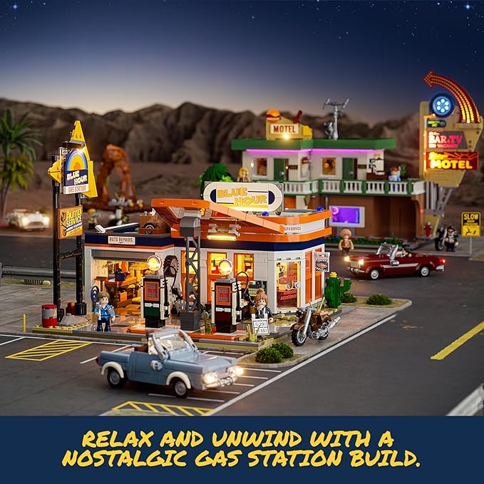 FUNWHOLE City Gas-Station Lighting-Building-Bricks Set - Road Trip Modular Car Service Station Collection LED Light Building Set 1608 Pcs for Adults, Teen and Travelling Enthusiasts