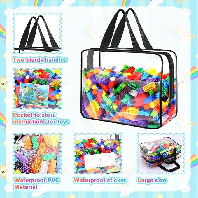 Toy Storage Bags 6 Packs, Kids Toy Storage Organizer with Zipper and Labels, PVC Clear Bags for Board Games, Books, Puzzles, Building Blocks(Large, Black)