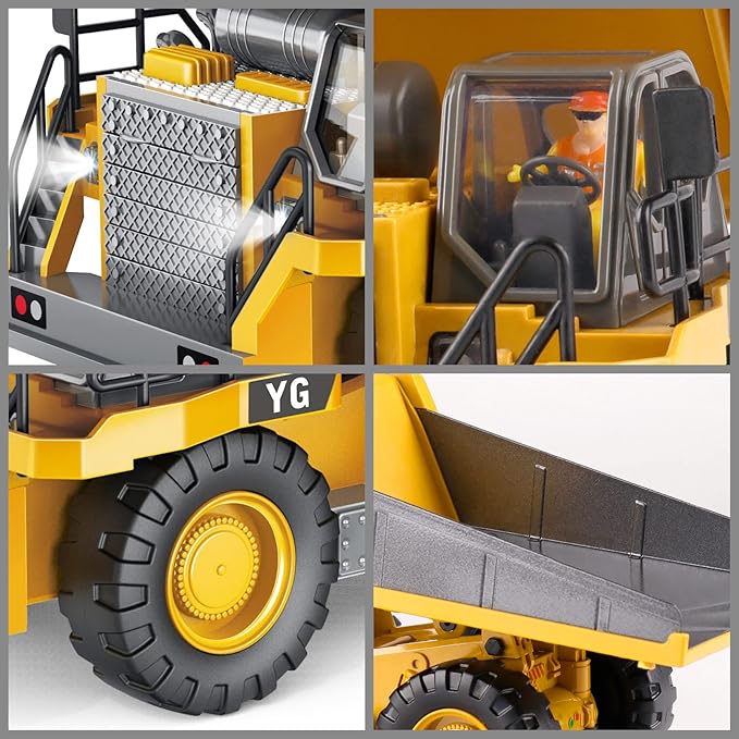 PREPOP RC Dump Truck Toy for Kids, Remote Control Construction Toys Vehicle with Metal Bed and Light/Music, Birthday Gifts Ideas for Boys Age 6 7 8 9 10 Year Old and up
