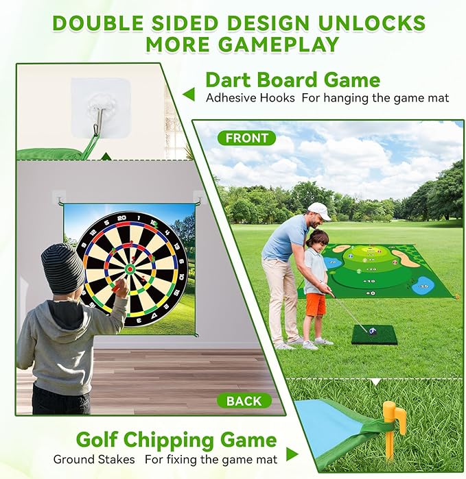 Golf Game Golf Chipping Game: Double Sided Golf Games for Kids Adults, Indoor/Outdoor Golf Games Practice Hitting Mat with 20 Sticky Balls & 10 Darts, Christmas Ideal Gifts for Men Boys Girls
