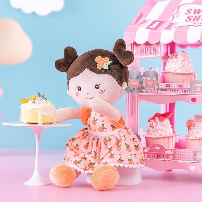 Onetoo Baby Soft Dolls Girls First Baby Doll Sleeping Cuddle Buddy Dolls Plush Rag Doll for Girls Wear Orang Dress 14"