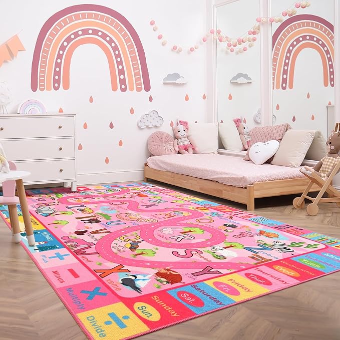 Terrug Kids Rug for Playroom, Educational Classroom Rug for Kids Room, Washable Nursery Rugs Non Slip Playroom Rugs Play Mat for Learning ABC Carpet, Numbers, Animal, Colors, Season, 4X6 Feet, Pink