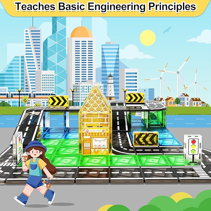 82pcs Magnetic Tiles Road, Magnetic Building Blocks Construction Toys for 3+Year Old Boys Girls, Kids Montessori Toys for Toddler, STEM Learning Gifts