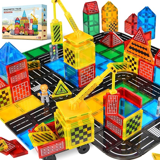 Magnetic Tiles Road Set - City Construction Building Toys, Magnetic Blocks with Extendable Crane and Car,Kids Toys for Boys & Girls Ages 3+, Creative Kids Games Gifts
