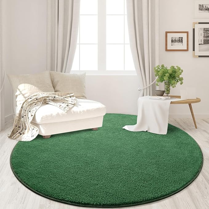 FlyDOIT Round Area Rugs for Bedroom Living Room, 4x4 Green Super Soft Comfy Thickened Memory-Foam Indoor Circle Carpets, Modern Aesthetic Minimalist Carpet for Boys Girls Adults Nursery Home Décor