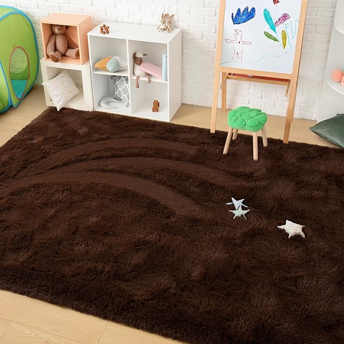Amearea Premium Soft Fluffy Rug Modern Shag Carpet, 4x5.3 Feet, Fuzzy Shaggy Rugs for Bedroom Living Room Teen Apartment Decor, Comfortable Indoor Furry Dorm Carpets, Brown