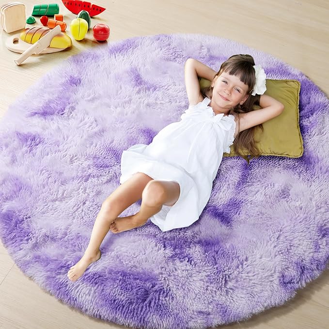 ONASAR Tie-Dyed Purple Round Area Rug 4ft, Soft Bedroom Circle Rugs Floor Mats for Kids Girls Teen Room, Kawaii Fluffy Plush Shaggy Carpet for Baby Nursery Living Room Playroom Home Decor
