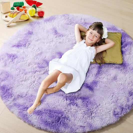 ONASAR Tie-Dyed Purple Round Area Rug 4ft, Soft Bedroom Circle Rugs Floor Mats for Kids Girls Teen Room, Kawaii Fluffy Plush Shaggy Carpet for Baby Nursery Living Room Playroom Home Decor