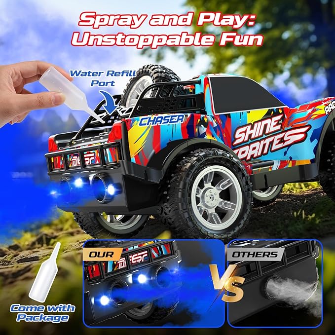 DEERC Remote Control Car for Boys & Girls Ages 4-8, Spray RC Truck with Music & Colorful LED Lights, 2.4GHz All-Terrain Drift Vehicle, 2 Rechargeable Batteries, 40 Mins Playtime, Birthday Toy for Kids
