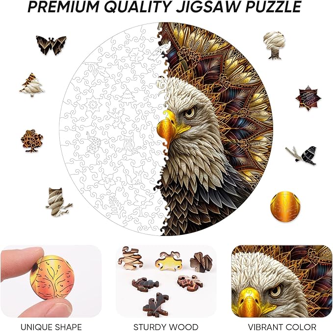 Bald Eagle Wooden Puzzle for Adults 500 Piece, Mandala Wooden Jigsaw Puzzles, Inspiring Puzzle, Beautiful Wooden Puzzle with Box Birthday Gifts for Adults and Kids Family Game(16.5 * 16.5in)