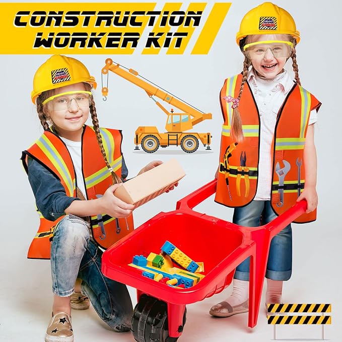 Handepo Construction Worker Costume Kids Hard Hat Construction Vest Goggles Toddler Dress Up Set Birthday Party Girls Boys(Yellow)