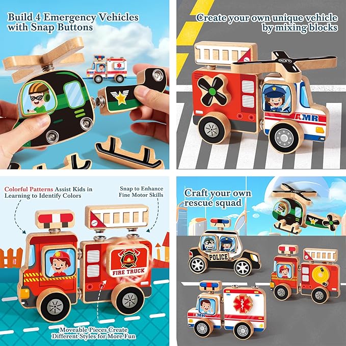 Emergency Vehicles 3D Puzzle Toy, HUZU Rescue Squad Wooden Snap Button Connection Building Blocks for Kids 3-8, Fire Truck Ambulance Police Car Helicopter Montessori Gifts for Preschool Children
