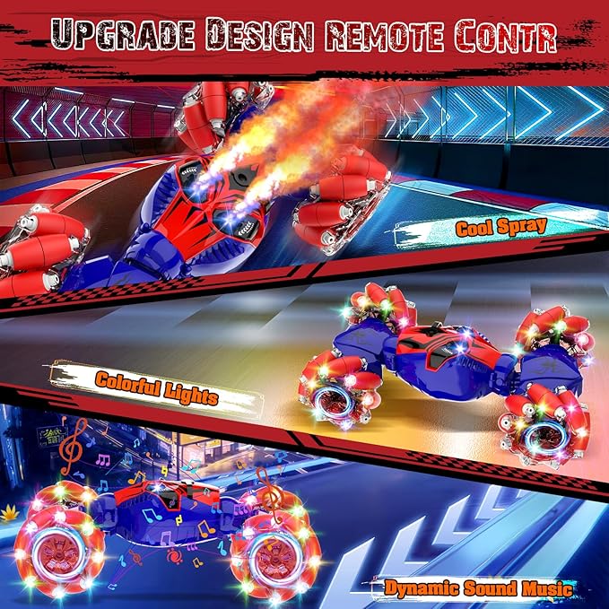 Spider Remote Control Stunt Car: Christmas Birthday Gifts for Boys Toys Ages 6-12 - 2.4Ghz Gesture Sensing Remote Control Cars with Light and Music Spray - 8WD Drift 360° Rotating RC Car for 7-14 Kids