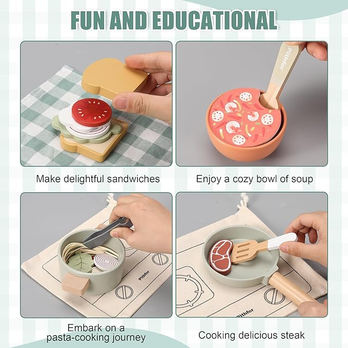 Wooden Play Cooking Set, Pretend Play Kitchen Accessories Toys Set for Kids Toddlers, Including Play Dishes, Pot and Pan, Utensils, Gifts for 3 4 5 Years Old Girls Boys