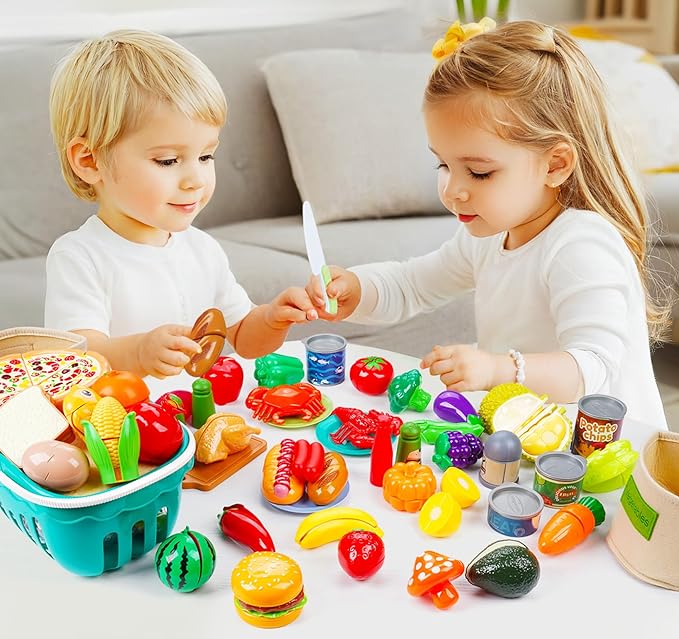 ilauke 87Pcs Cutting Play Food Toy for Kids Kitchen, Pretend Play Food Set for Toddlers with Interactive Cutting Kitchen Toys, Learning Toys Play Food Set for Daycare Educational Toy