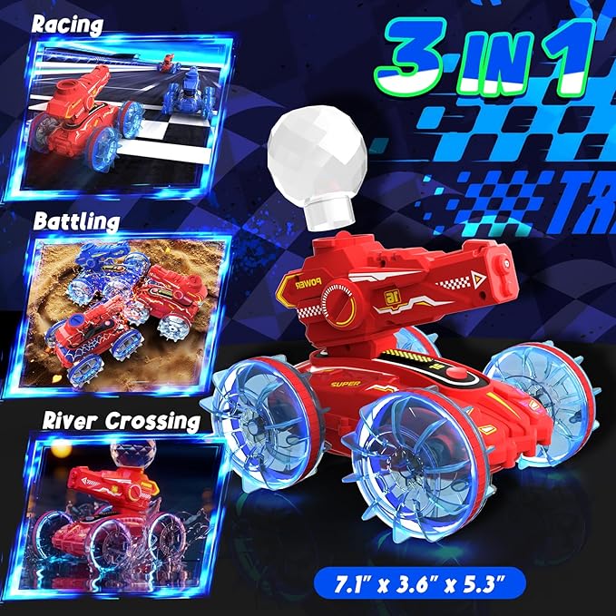 4-in-1 Remote Control Boat with Water Gun, Amphibious RC Cars for Kids, Water & Land RC Tank, Pool Toys for Boys and Girls, Summer Outdoor Play Toy for 3-12 Years Old Kids