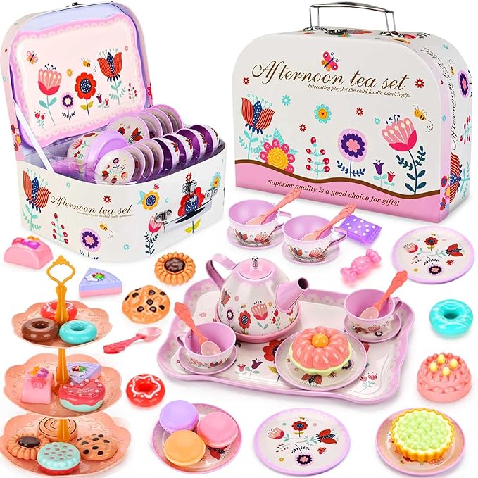 Tea Set for Little Girls, Birthday Gift for Age 3 4 5 6 Year Old, Toddler Toys Tea Party Set for Little Girls, Princess Kids Kitchen Pretend Toy with Tin Tea Set, Desserts & Carrying Case