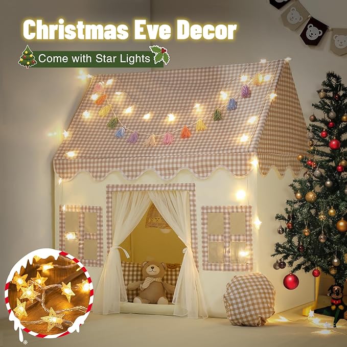 Kids Play Tent Indoor: with Brown Checkered, Mat, Rainbow Tissue Garland, Star Lights - Toddler Girl Tent Indoor Playhouse for Toddlers Kids Toys for Boy Girl Birthday Gift for Kids