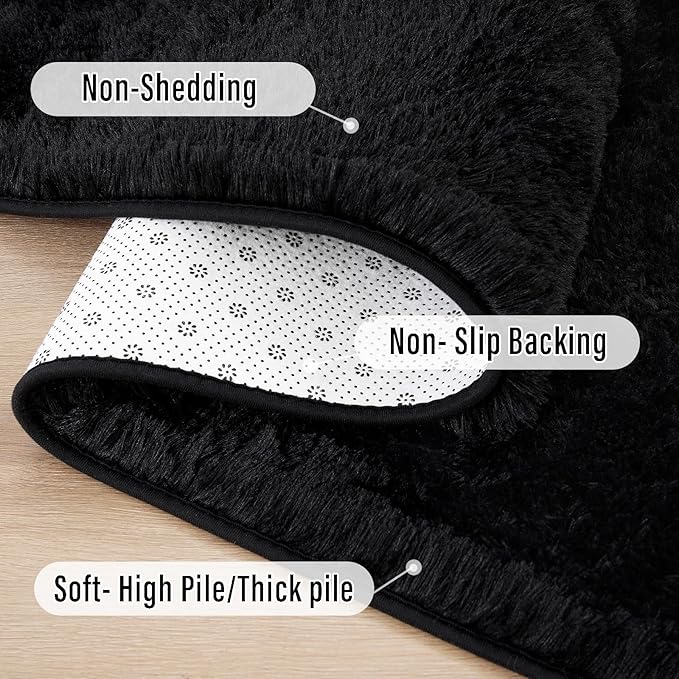 Amearea Shag Fluffy Area Rug for Bedroom Girls Living Room, Extra Soft and Fuzzy Shaggy Rugs, Non Slip, Solid Color Carpet Mat for Boys Nursery Home, Black 2x6 Feet
