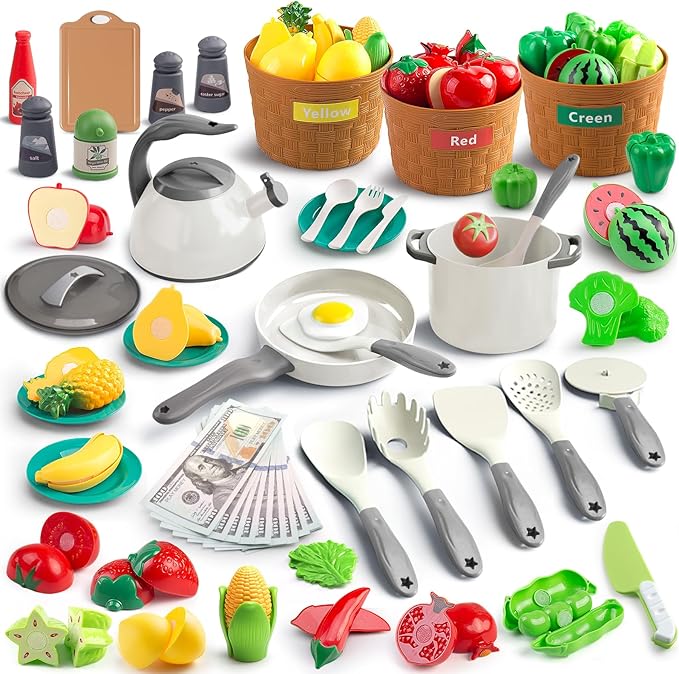 90Pcs Kitchen Playset Accessories, Pretend Cooking with Pots, Pans, Cookware, Food, Fruit, Veges, Color Sorting Baskets, Prop Money, Learning Gift for Girls Boys Toddlers (White)