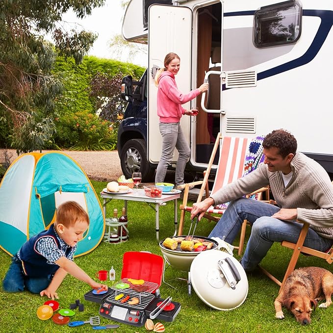 Kids Play Food Grill with Pretend Smoke Sound Light Kitchen Playset BBQ Accessories Camping Cooking Set Barbecue Toddler Girl Boy Toy 2 3 4 5 6 Year Old 4-8 Birthday Kid Toy Idea
