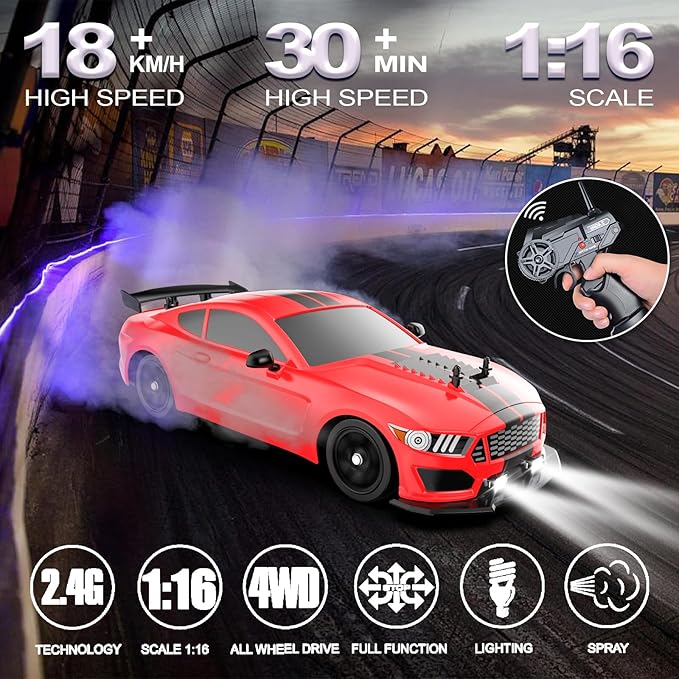Remote Control Car RC Drift Car 1:16 Scale 4WD 18KM/H High Speed Model Vehicle 2.4GHz with LED Lights Spray Rubber Tire Racing Sport Toy for Adults Boys Girls Kids Gift 2Pcs Rechargeable Batteries