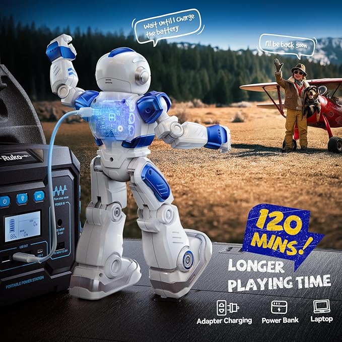 Ruko 6088 Programmable Robot with APP Control, Remote Control, Gesture Sensing Control, Rechargeable Robots Toys for Boys and Girls, Interactive Emoji LED Eyes, QA Games for 3 4 5 6 Years Kids, Blue