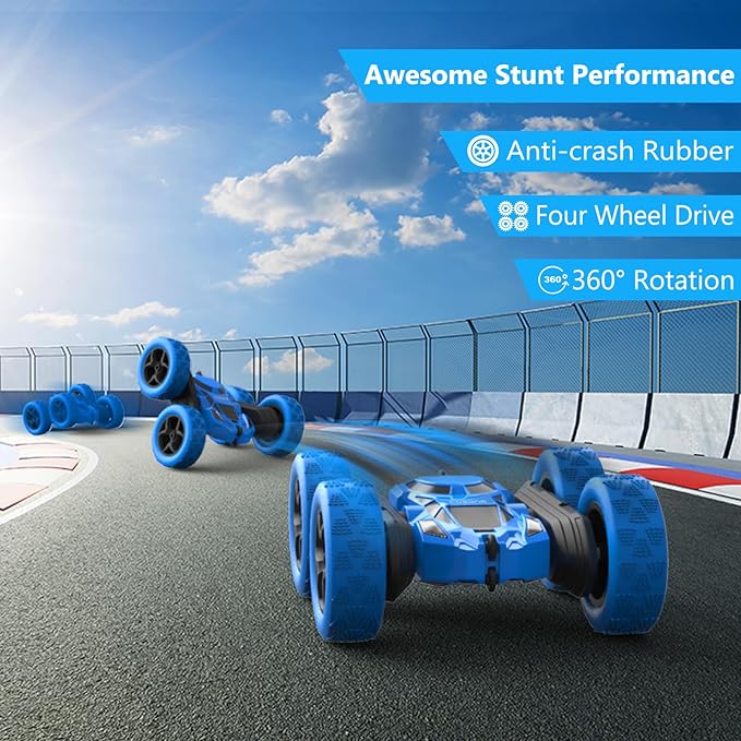 cosone Remote Control Car for Kids - RC Cars Boy Toys 4WD 2.4Ghz Double Sided 360° Rotating Rechargeable All Terrain Remote Car with LED Lights, Kids Boys Ideas - Blue
