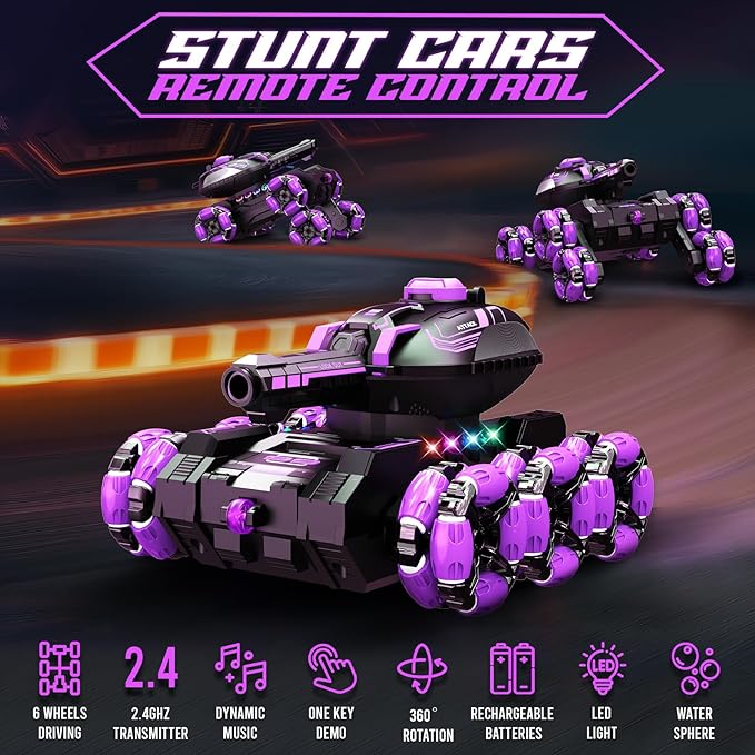 Remote Control Car for Kids, RC Cars Toys for Ages 8-13, 2.4GHz 360° Rotation 6WD RC Stunt Car Water Bomb Toy Birthday Gifts for 6 7 8 9 10 11 12 Year Old Boys Girls (Purple)