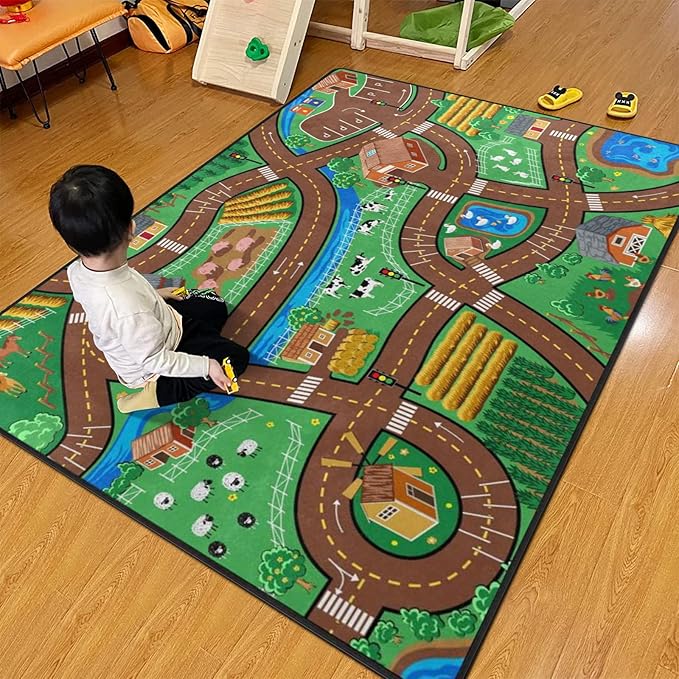 Kids Rug, Farm Map Playmat Rugs - 5x7 Ft Kids Carpet with Rubber Backing, Cute Animal Farming Game Road Map Play Mat Nursery Rugs for Children Bedroom Playroom
