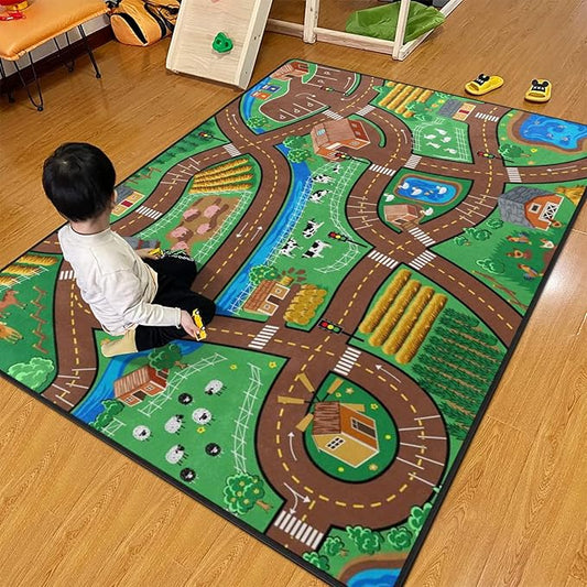 Kids Rug, Farm Map Playmat Rugs - 5x7 Ft Kids Carpet with Rubber Backing, Cute Animal Farming Game Road Map Play Mat Nursery Rugs for Children Bedroom Playroom