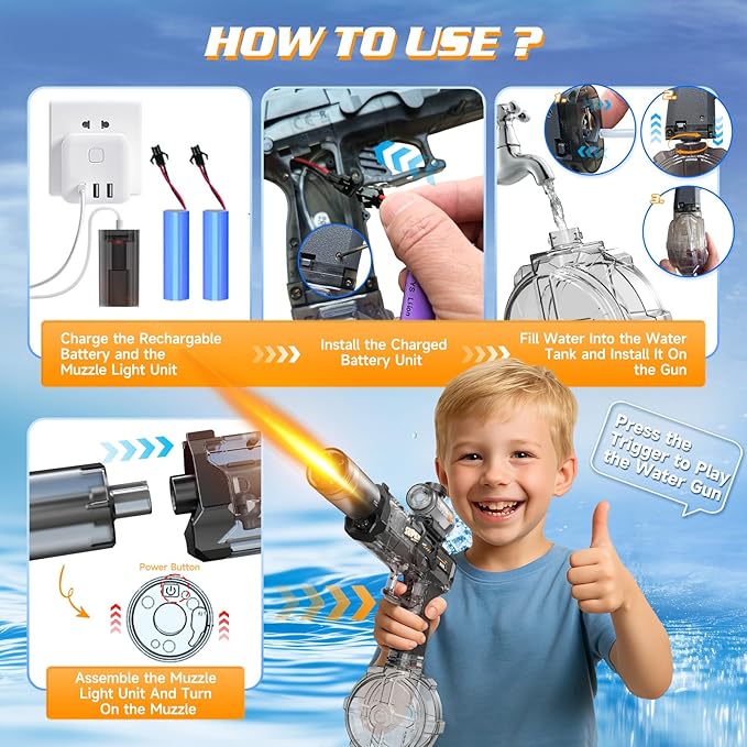 2 Pack Electric Water Guns,Auto Squirt Gun Blaster with Muzzle Light,Water Gun Long Range 23-32 FT,Outdoor Party Shooting Game Toy with 4 Batteries,Ideal Summer Soaker Gun Gift for Kids & Adults.