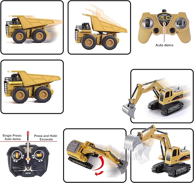 JOYIN 2 PCS Remote Control Construction Vehicle Toy Set, Friction-Powered RC Excavator & RC Dump Truck with Lights and Sounds for Imaginative Play, Birthday Gifts for Toddlers Boys Girls