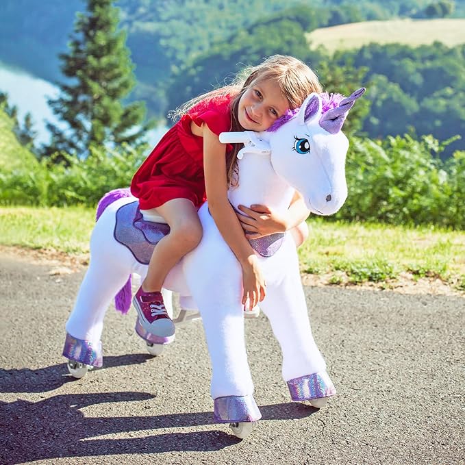 PonyCycle Ride on Unicorn Riding Unicorn Toys with Brake, Essential Model E Interactive Toy Unicorn Gifts for Girls (30" Height/Size 3 for Age 3-4) Riding Horse Ride on Toy Stuffed Animal Purple E313
