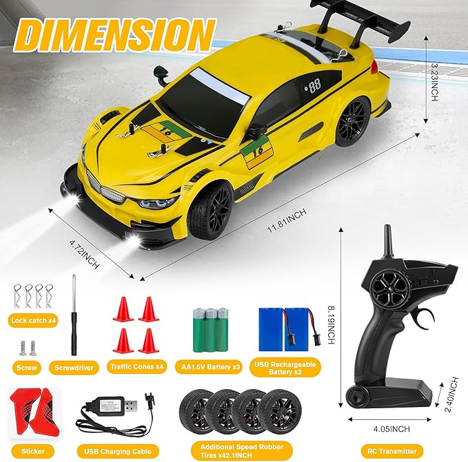 RC Drift Car, 1:16 Scale Drifting Cars2.4GHz 4WD RC Race Car, 40km/h High-Speed Remote Control Drift Cars Vehicle, Racing Sport for Boys Girls Kids - 2 USB Rechargeable Batteries (Yellow)
