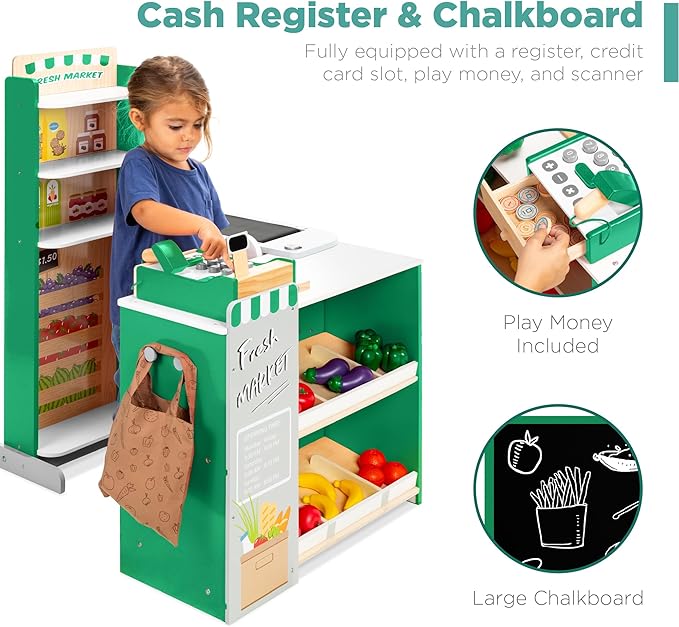 Best Choice Products Pretend Play Grocery Store Wooden Supermarket Toy Set for Kids w/Play Food, Chalkboard, Cash Register, Working Conveyor - Green