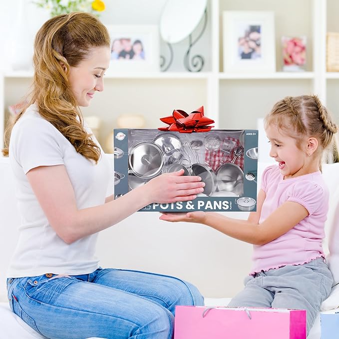 Playkidz Stainless Steel Pots and Pans - Toy Cookware 9 Piece Playset for Kids Pretend Play House - Great Birthday Gift for Girls