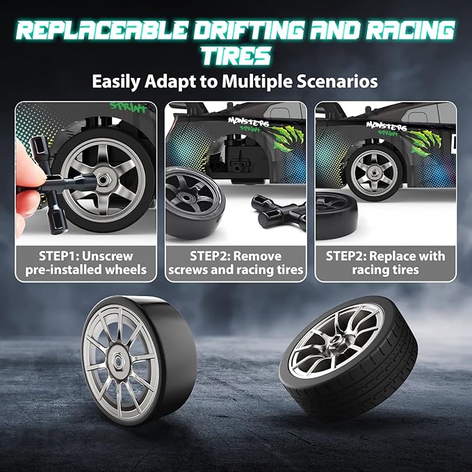 RC Drift Car 1:16, 2.4GHz 4WD Drifting RC Cars 30+KM/H High Speed Remote Control Car with LED Lights Two Batteries and Drift Tires, Race car for Adults Boys Kids, Black