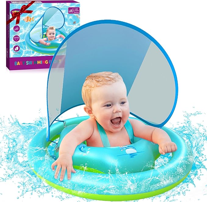ZIZZ Baby Pool Float with Canopy - 2025 New Inflatable Baby Swim Float with UPF50+Sun Protection, Baby Infant Pool Float with Toy Play Console Adjustable Seat for Toddler Kids Aged 6-36 Months