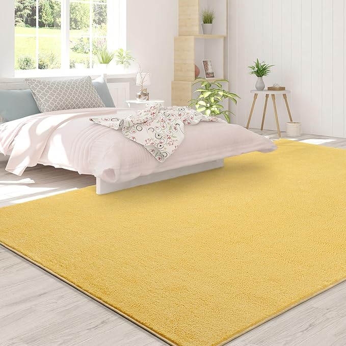 FlyDOIT Area Rugs for Bedroom Living Room, 4x6 Yellow Super Soft Comfy Thickened Memory-Foam Indoor Carpets, Modern Aesthetic Minimalist Carpet for Boys Girls Adults Apartment Nursery Home Décor