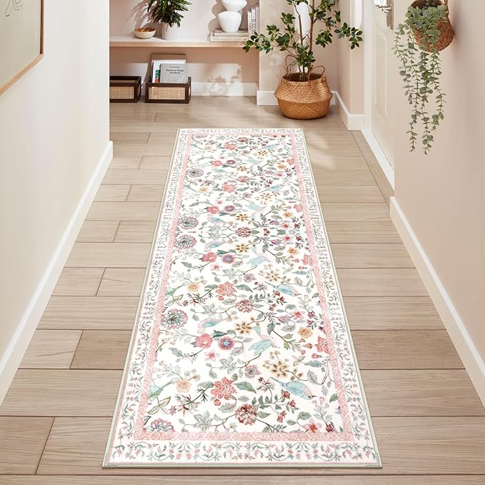 Floral Washable Runner Rug, 2x6 Pink Rug Runners for Hallways Non-Slip, Soft Low Pile Flower Birds Bathroom Runner Rug Botanical Throw Carpet for Kitchen Laundry Entryway Porch