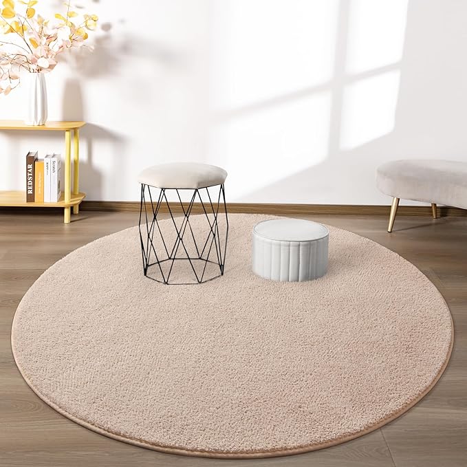 FlyDOIT Round Area Rugs for Bedroom Living Room, 4x4 Ivory Super Soft Comfy Thickened Memory-Foam Indoor Circle Carpets, Modern Aesthetic Minimalist Carpet for Boys Girls Adults Nursery Home Décor
