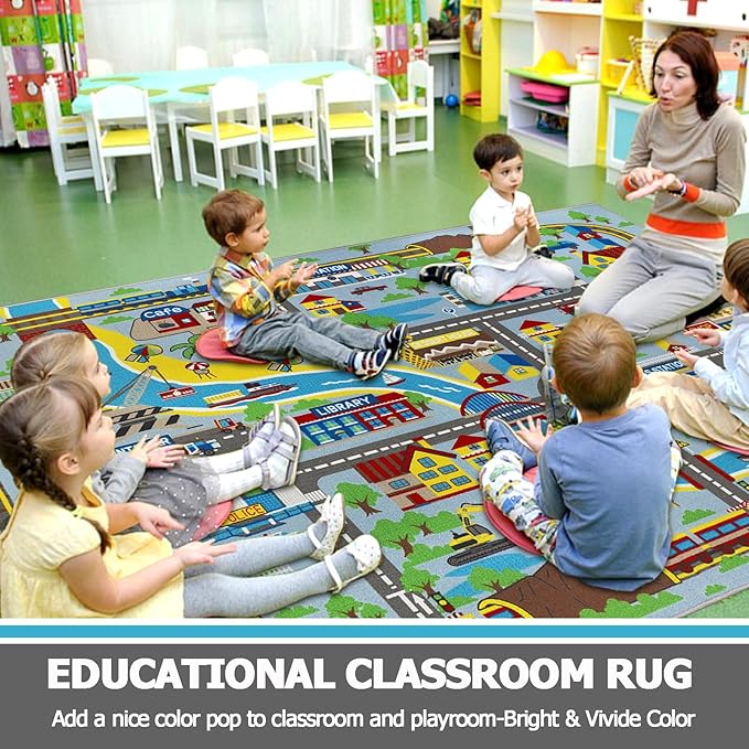 Capslpad Kids Rug 6'6" x 9'8" Educational Learning Kids Play Area Rug Large Traffic Road Cars Rug Play Mat for Kids Toy Nursery Rug Kid Car Carpet for Playroom Living Room Classroom Decor, Sky Blue