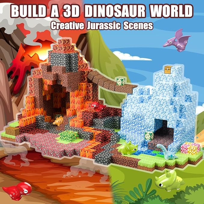 205Pcs Dinosaur Toys Magnetic Blocks Build 3D Dinosaur World Jurassic Scenes, 1" Magnetic Building Blocks Magnet Cubes Tiles for Toddler Boys Girls 3+, STEM Sensory Building Toys Games