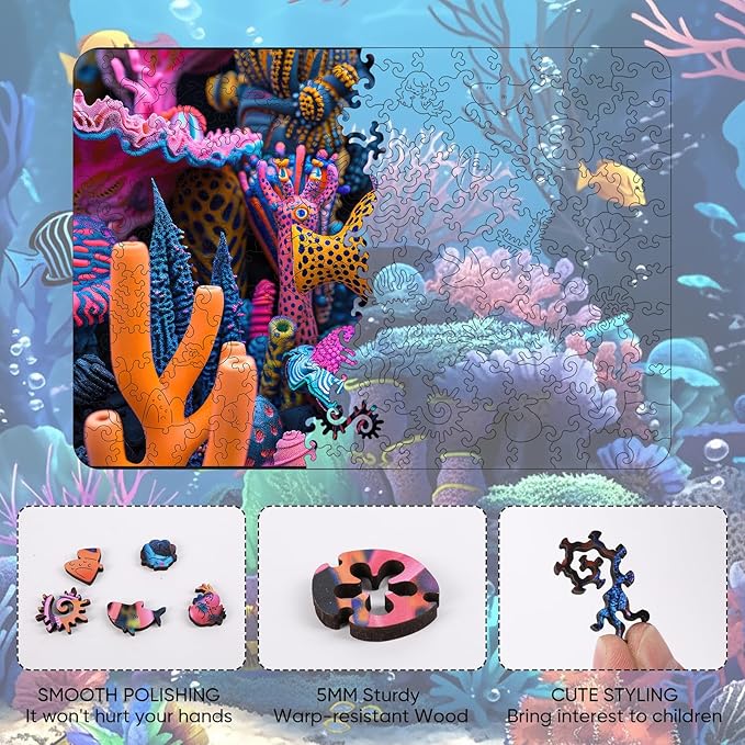 Wooden Jigsaw Puzzle for Adults and Kids Unique Shape Wood Colorful Beautiful Box Fun Challenge Brain Health Family Game Creative Gift for Friends Rompecabezas Madera(Coral Reef 200pcs)